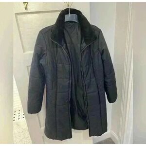 Tommy Hilfiger Jacket Womens M Black Down Puffer Zip Up Duster Coat Fur Collar